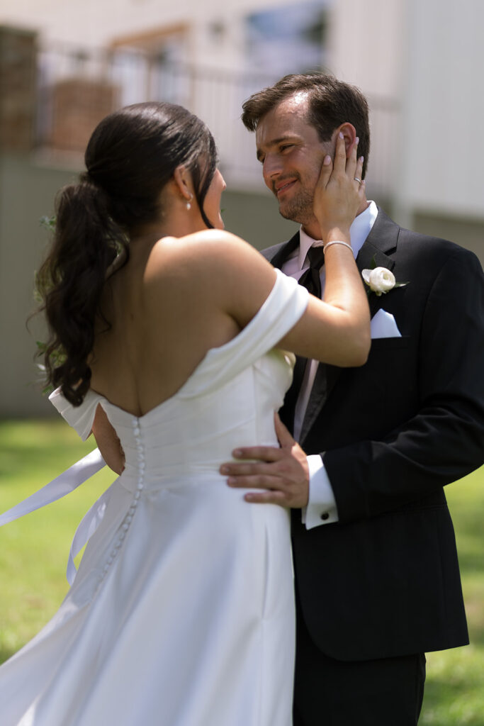 sweet and emotional bride and groom South Carolina wedding first look at Heron Hill property