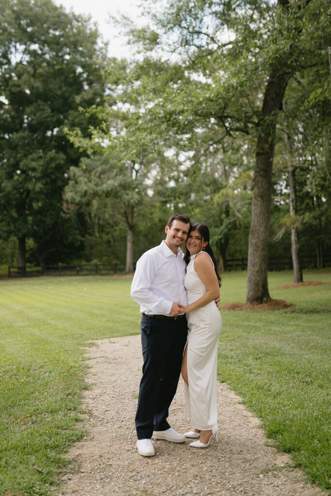 bride and groom wedding rehearsal portraits in greenery